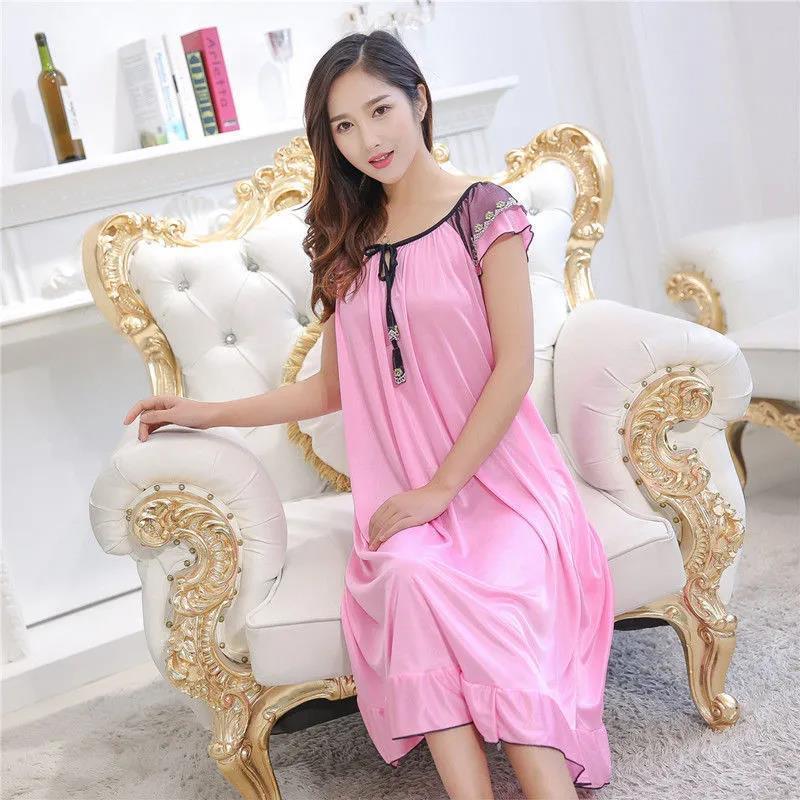 Satin Pajama Dress Women Lounge O-Neck Lace-up Short Sleeve Thin Sleeping Dress Ruffle Hem Summer Nightdress