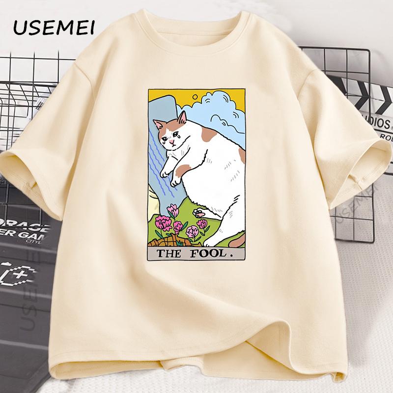 Sad Cat Meme The Fool Tarot T-Shirt Men Women Witchy Clothing Crying Cat T Shirt Casual Oversized T-shirts Streetwear Clothing