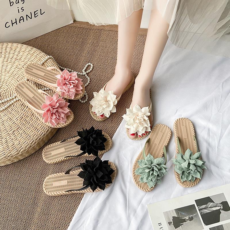 Flower sandals summer versatile flat flip flops anti slip beach sandals
