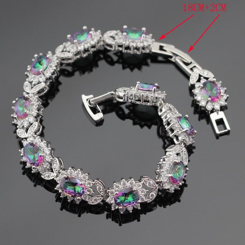 WPAITKYSSølvfarge smykkesett for kvinner Mystiske regnbuesteiner Halskjede Anheng Armbånd Ørepynt Ringer