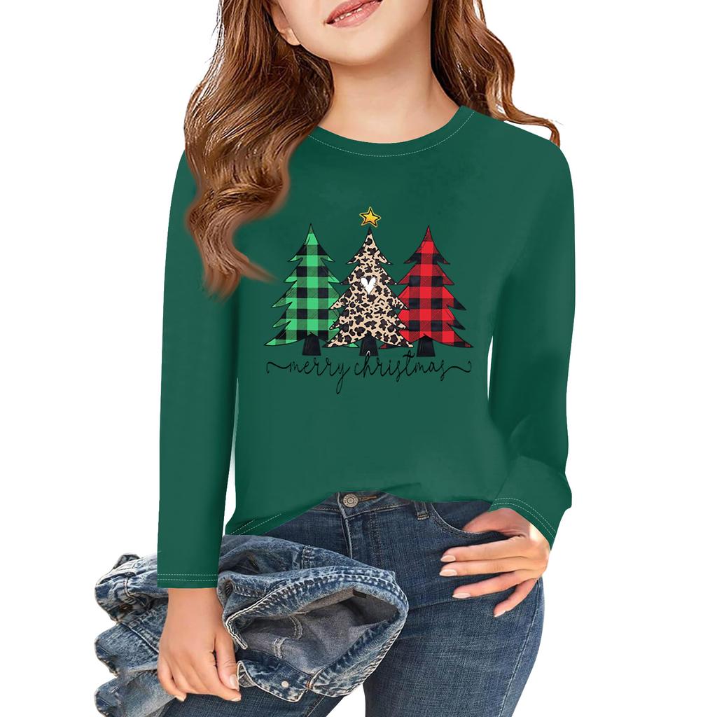 Dívčí trička s dlouhým rukávem na Vánoce Dětské podzimní topy Kulatý výstřih Základní trička 2-11L