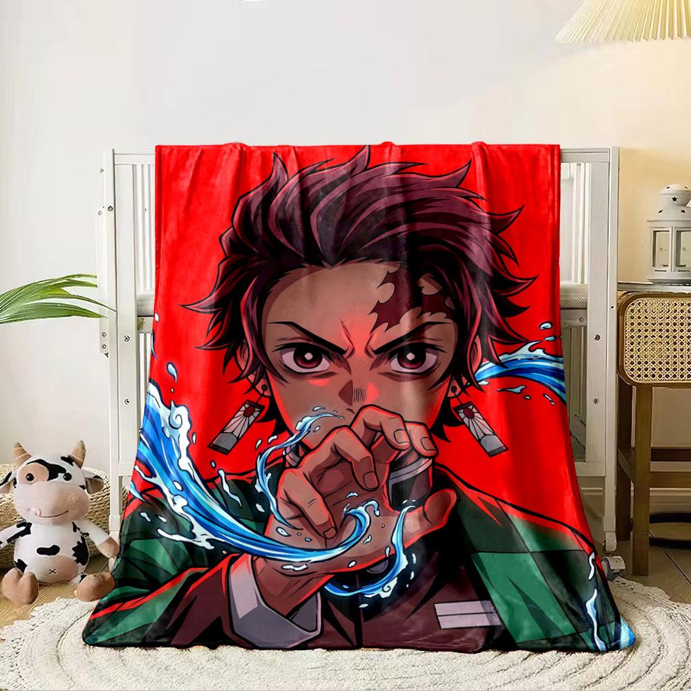 Spiky maroon hair, red background, flowing blue water, checkered clothing. for all seasons blanket lunch break throw gift 80cm x 120cm