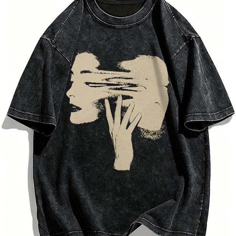 Vintage Washed Abstract Face Graphic TShirt Surreal Art Print Oversized Unisex Streetwear Tee Retro Aesthetic Top for Men Women S