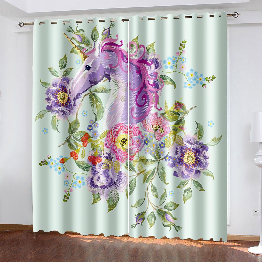 Adorable Animated Pink Rainbow Unicorn Horse Vibrant Girl Shading Window Panel Curtains for Kids Living Room Bedroom Bathroom Door 2Pieces