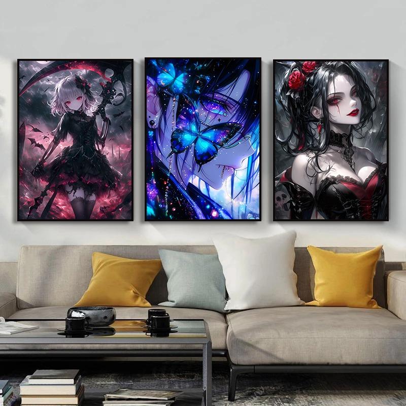 Fantasy Magical World Gothic Cool and Cute Character Aesthetics Anime Girl Canvas Painting Art for Wall Manga Game Room Decor