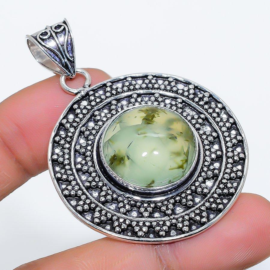 Prehnite Gemstone Handmade 925 Sterling Silver Jewelry Pendant 2.17" SU-9916