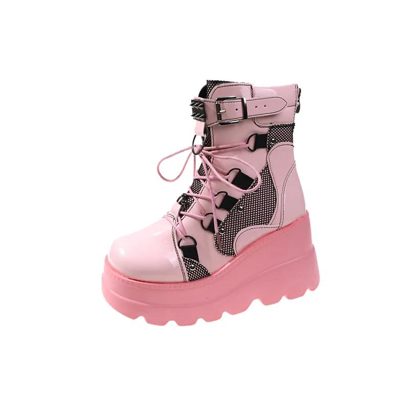 Novo Design Botas Punk Góticas para Motociclista Plataforma Salto Alto Grosso Cano Curto Botina Feminina Cool Salto Anabela Sapatos Femininos Pretos