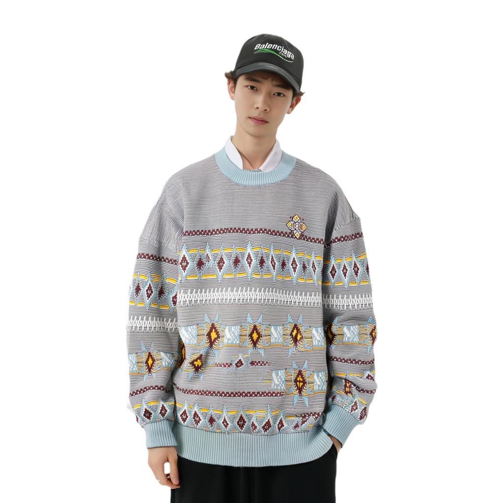 Li Ning Sport Lifestyle Series Full Print Diamond Color Block Round Neck Pullover Long Sleeve Sweater Men sweater Off-White Fish-Eye-Green AMBT247-1