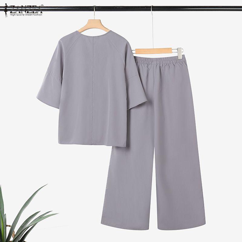 ZANZEA Women 3/4 Sleeve Blouse and Pants Casual Two Piece Suit Sets