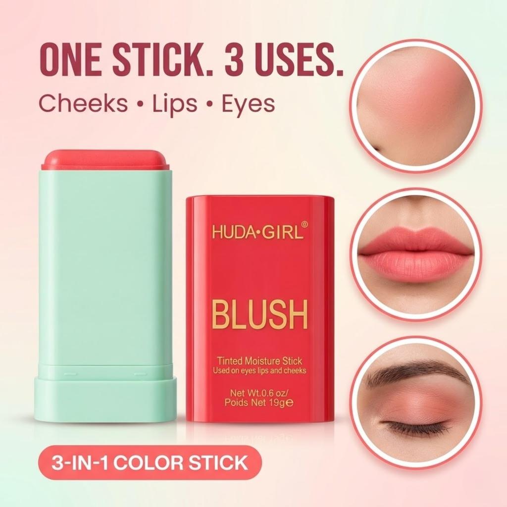 HUDA GIRL Coral Pink Blush Stick for Face Makeup - Long-Lasting, Waterproof & Blendable Blusher for Cheeks with Natural Smooth Finish for Women and