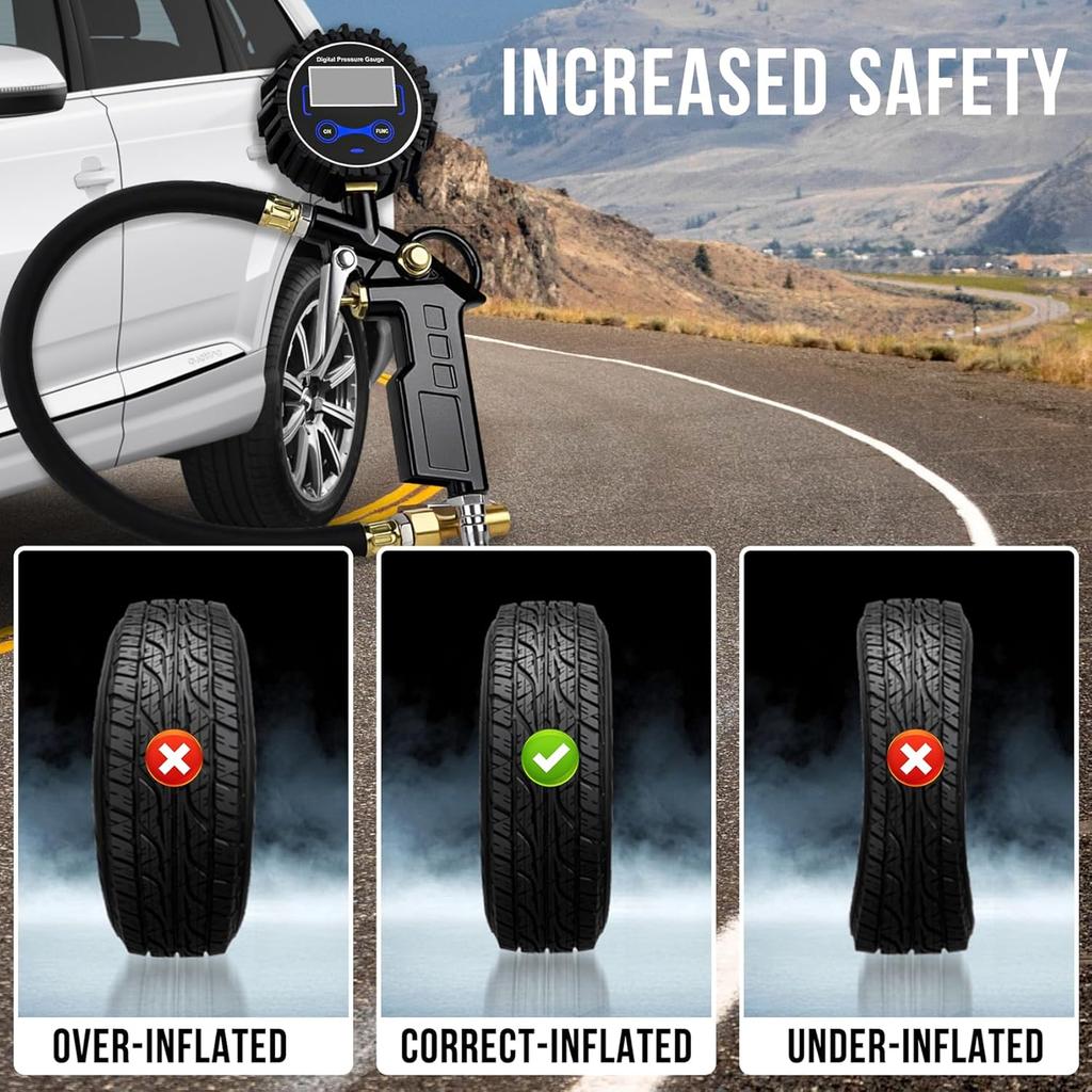 Digital Tire Pressure Gauge with Inflator, Air Compressor Accessories with Air Chuck Quick Connect Coupler, Car Attachments with Rubber Hose for Car,