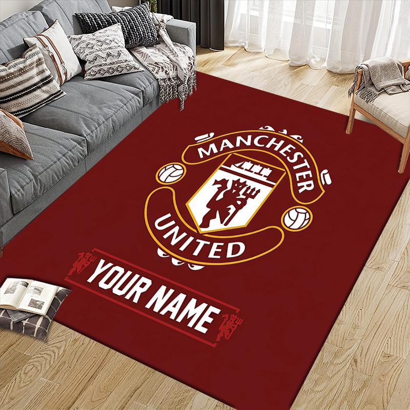 Custom Name Manchester United Flannel Pattern Square Carpet,Area Rug,Carpet Rug for Living Room Bedroom Sofa Playroom Decor,Non-slip Floor Mat