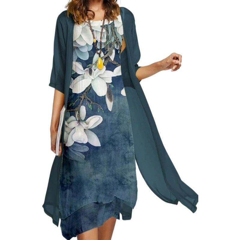 2Pcs/Set Spring Autumn Women Retro Flower Print Irregular Hem Vest Dress Solid Color Half Sleeve Shawl Coat Elegant Outfit