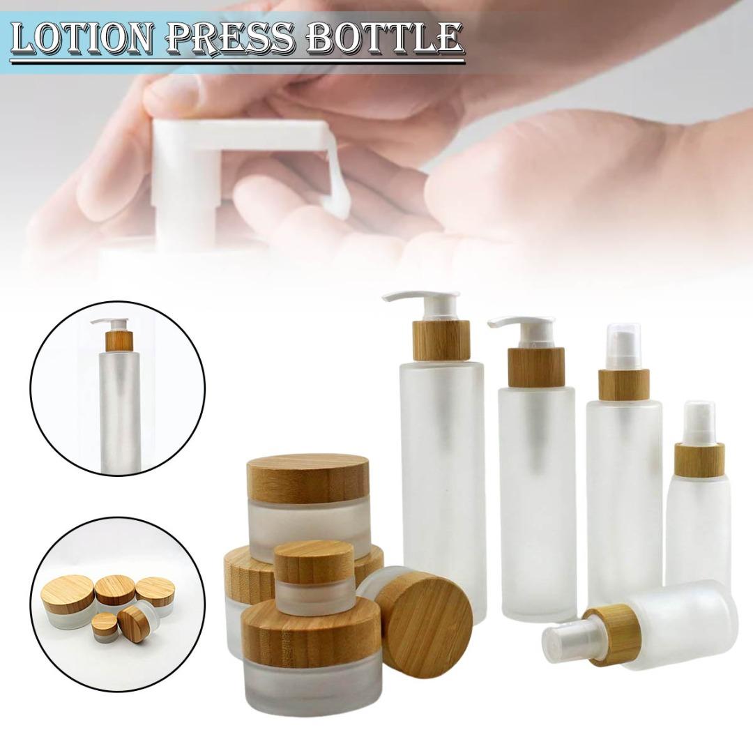 

PDTO Frosted Glass Pump Jar Bottle Bamboo Lid Lotion Dispenser Cosmetic Container