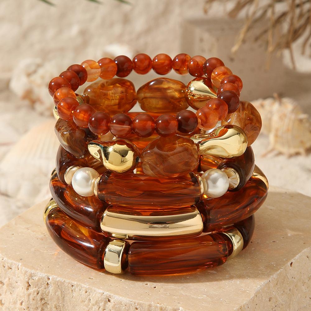 European and American Maillard Amber Bracelet Exaggerated Acrylic Light Luxury Multi-layer Bracelet Beaded Color Matching Bracelet Set