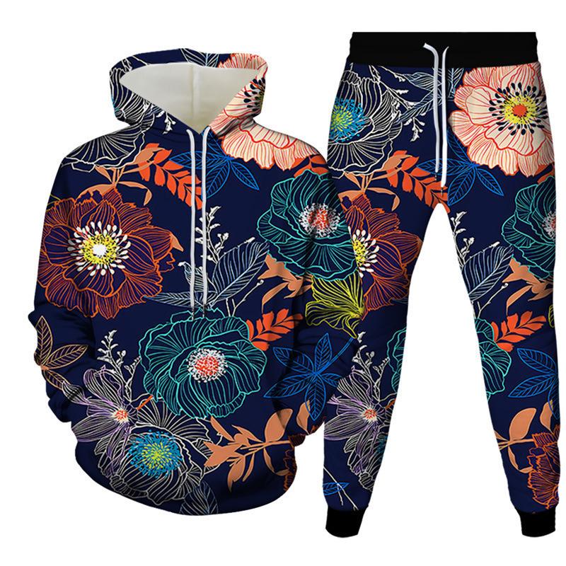 Fashion Floral Flower 3D Print Hoodies Pant Sets Men's Sweatshirts Sweatpants Streetwear Two Piece Suits Tracksuit Man Clothing