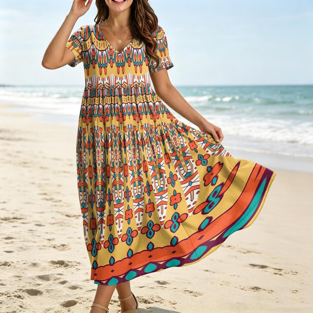 Damen Lässiges Bohème-Stil Lockere Passform Blumenprint Kurzarm V-Ausschnitt Maxikleid für den Alltag