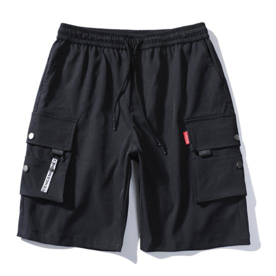 Summer Men Elastic Waistband Drawstring Shorts Multi Pockets Solid Color Straight Wide Leg Mid-rise Sport Cargo Shorts Streetwear