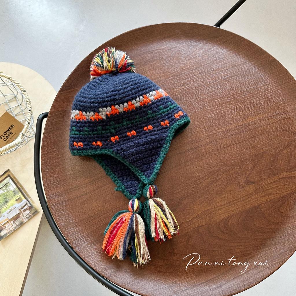 Children's Niche Vintage Machine Embroidered Lei Feng Hat Unisex Autumn Winter Warm Ear-Protecting Tassel Acrylic Common Casual