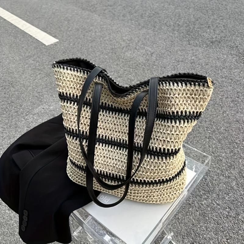 New Versatile Striped Straw Bag Large-capacity Woven Bag Tote Bag Vacation Beach Bag Casual Women's Bag Shoulder Bag