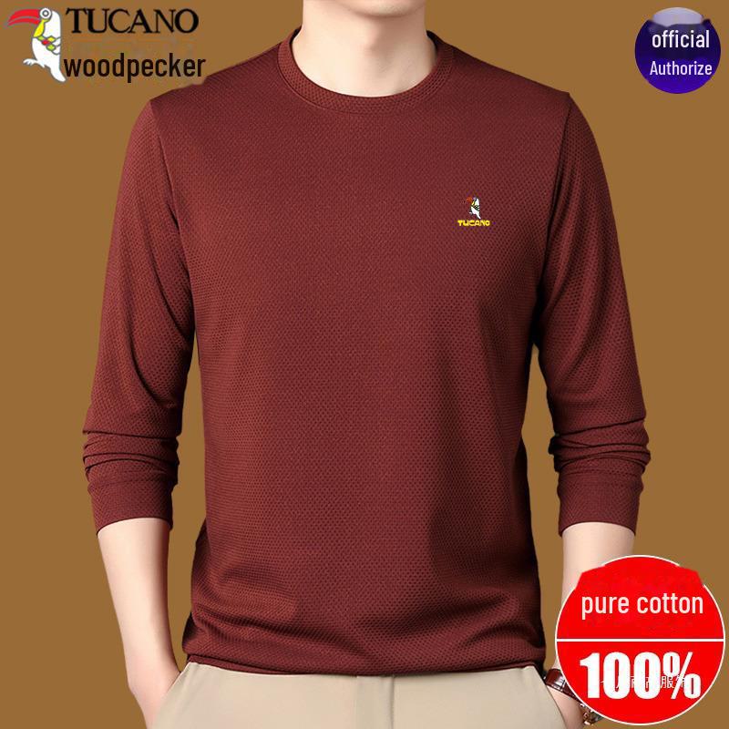 Woodpecker Men's Cotton Long-Sleeve T-Shirt for Midlife and Older - Spring/Autumn Base Layer