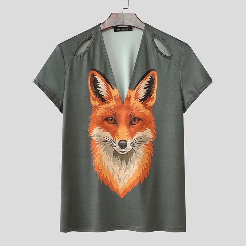 

INCERUN Men Cutout V Neck Short Sleeves 3D Print Casual Fitted T-shirts Tops темно-серого