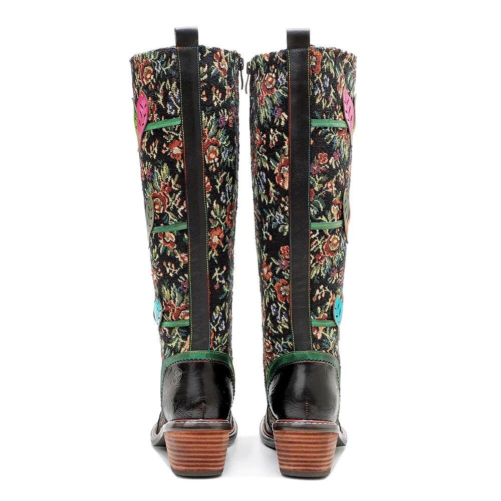 Johnature Botas largas de cuero genuino para mujer, zapatos hechos a mano con estampado Retro, Color a juego, con cordones, hasta media pantorrilla