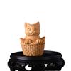 Solid Wood Carving Bamboo Basket Cat Figurine,Mini Cute Wooden Cat Animal Statue,For Room Office Home Decor,Kids Event Souvenirs