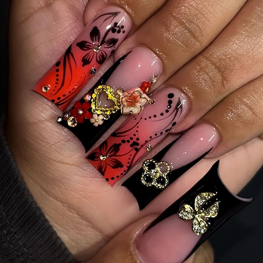 24Pcs Long Coffin Leopard Print Press On Nails With Glue Sweet Cool Diamond Floral French Fake Nail Tips Set