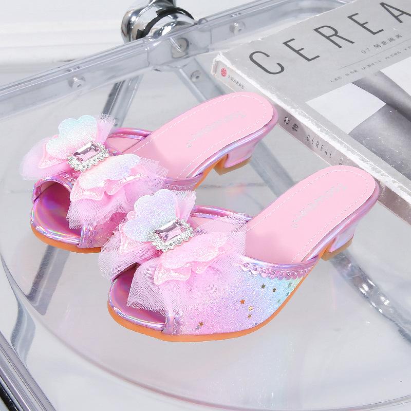 Girls high heels cool slippers children s slippers summer new little girl bow rainbow princess shoes crystal shoes Inner length 16.5cm in size 25 розовый