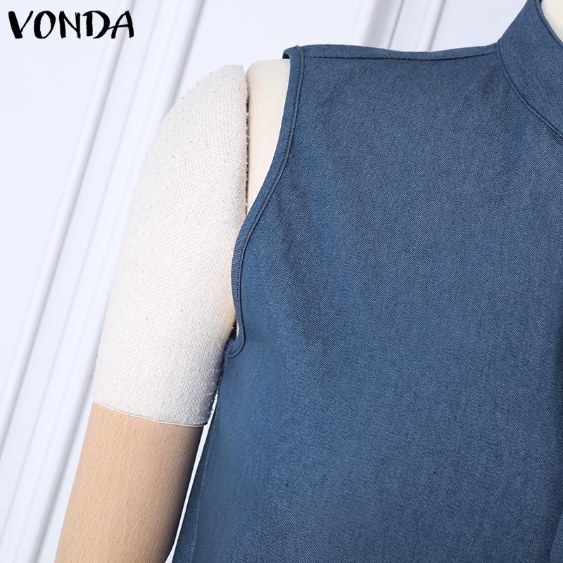 VONDA Damskie Letnie Bez Rękawów Zapinane na Zamek Dżinsowe Niebieskie z Paskiem w Talii Długie Kombinezony Ogrodniczki