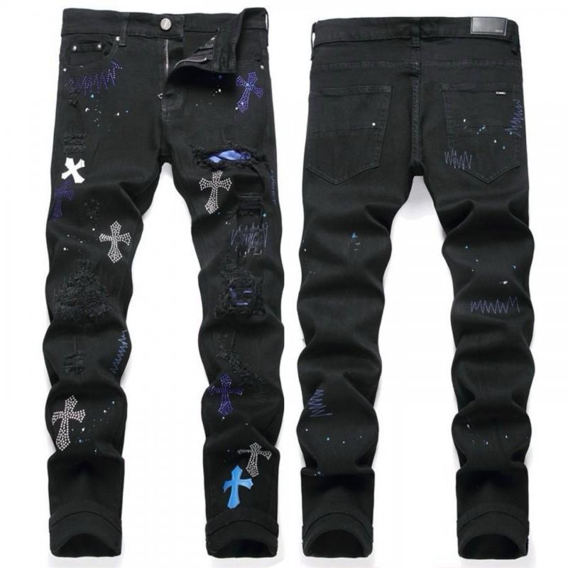 Jeans Skinny Stretch in Denim Strappato High Street da Uomo con Toppa Ricamata Stile Vintage
