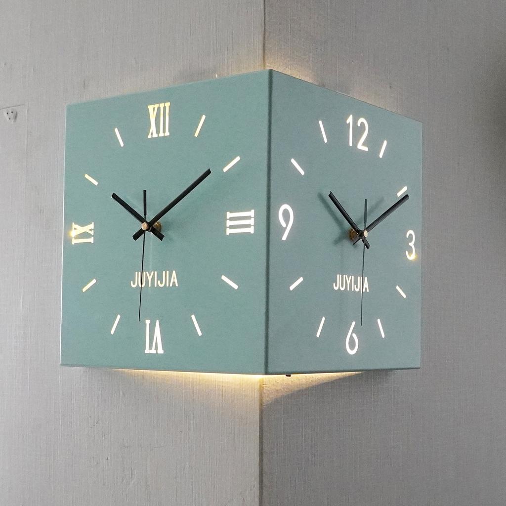 Corner Clock Iron Double Sided Corner Wall Clock With Light For Dining Room Living Room Office Construction Modern Silent Moveme