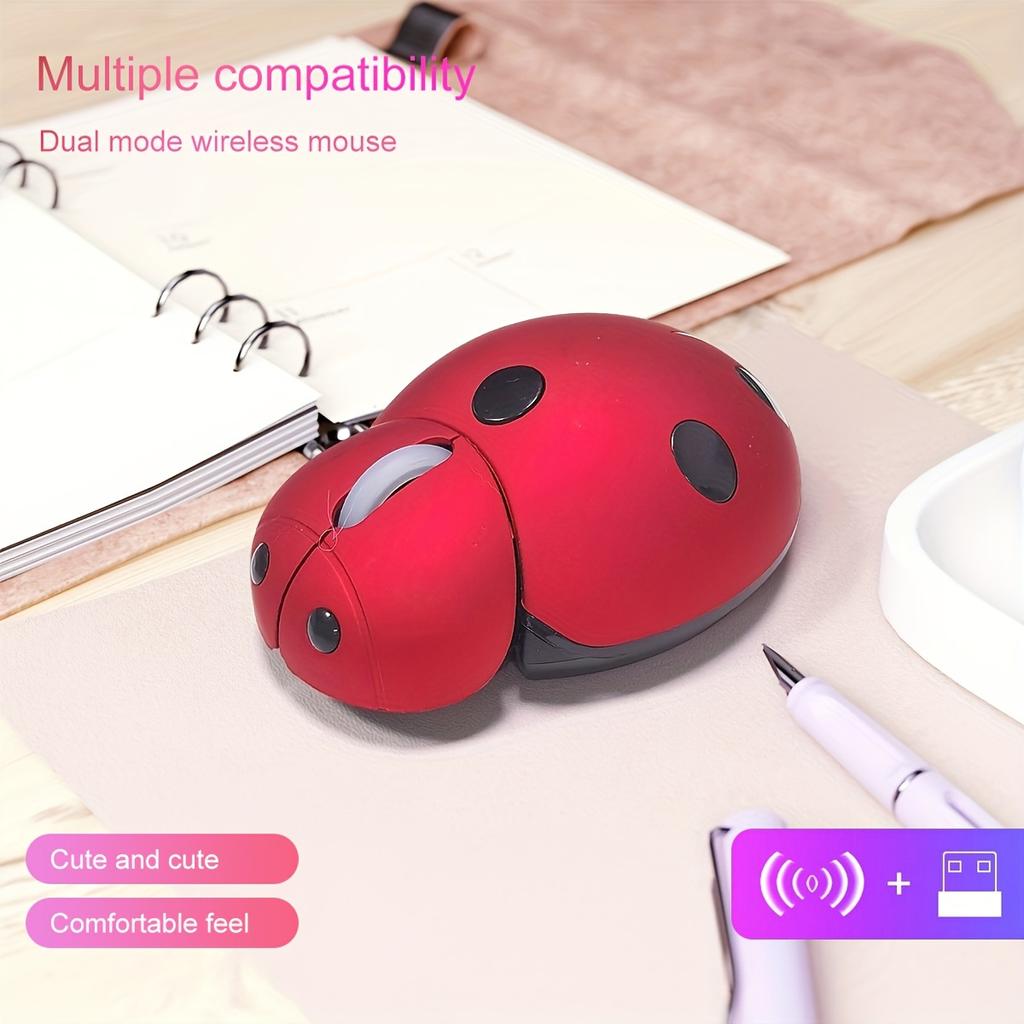 Cute Ladybug Design Wireless Mouse with Dual Mode Compatibility - Optical Plastic Mouse for Office Laptop, Desktop, Tablet Use, No Battery Included