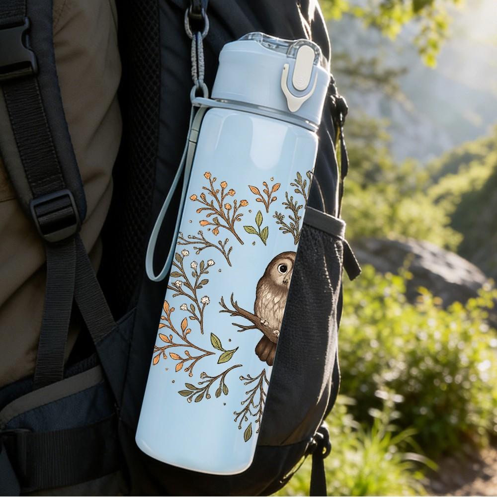 1PC Owl Autumn Leaf Wreath Print 750ml Color Plastic Sports Water Bottle Leakproof Flip Straw Lid Suitable for Sports Office Home Use