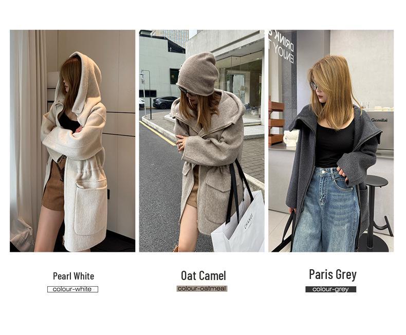 Damen Koreanischer Kaschmirmantel mit Kapuze und Reißverschluss, doppelseitig: Einfarbig, Mittellang, Vielseitig und Verdickt Lockeres Oberbekleidungsstück.