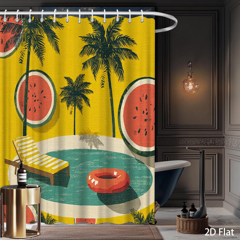 Watermelon & Palm Tree Shower Curtain – Vibrant Yellow Green Pool Scene, Tropical Beach Design, Polyester, Includes Hooks