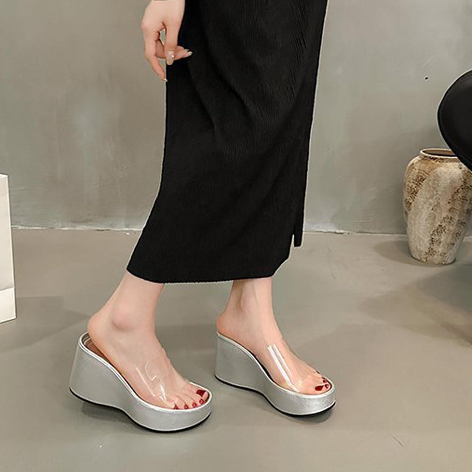 Женские босоножки на танкетке с прозрачными ремешками, классические с открытым носком, с эффектом памяти - Шлепанцы для увеличения роста, летние, повседневные, пляжные, для ходьбы 37