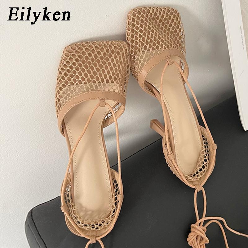 Fashion Eilyken Spring Mesh Casual Pumps Sandals Female Square Toe High Heel Lace Up Cross-tied Stiletto Hollow Dress Tacones De Mujer