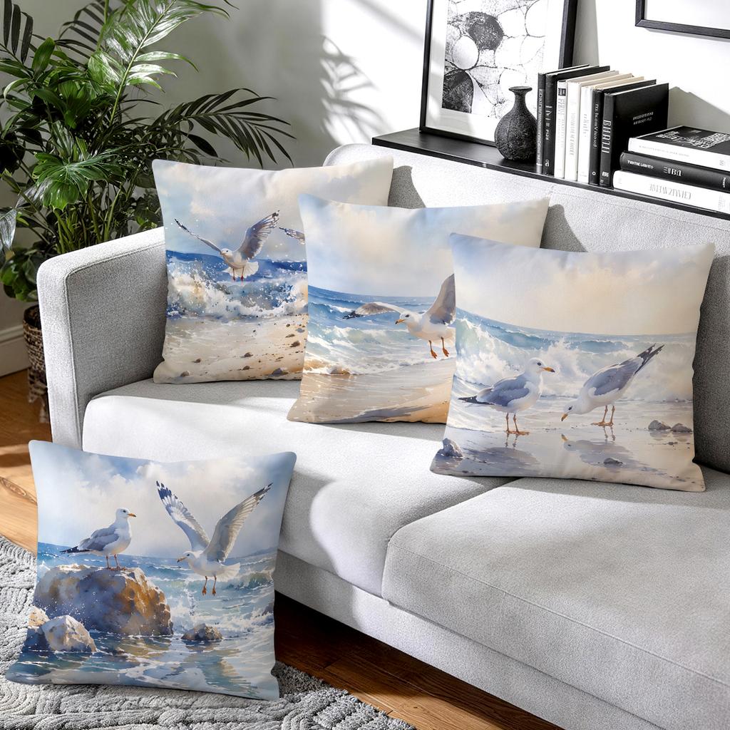 1pcs/4pcs Watercolor Seagull Coast Cushions Pillowcase Polyester Cushion Cover Throw Pillow Pillowcover Home Car Sofa Decor