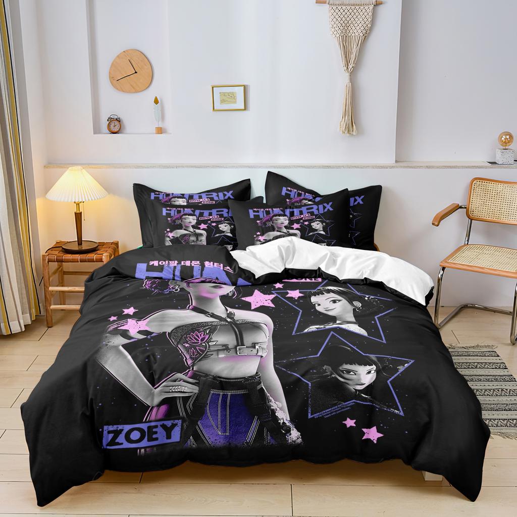 K-Pop Bedding Set Demon Hunters Themed Pink or Black Other Side Print Polyester Student Dormitory Duvet Cover Boys Girls Gift