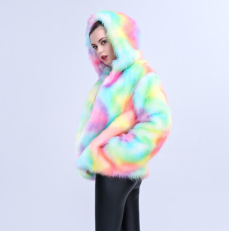 Iridescent Faux Fur Hooded Women's Fashion Party Coat, 2025 European & American Style.
