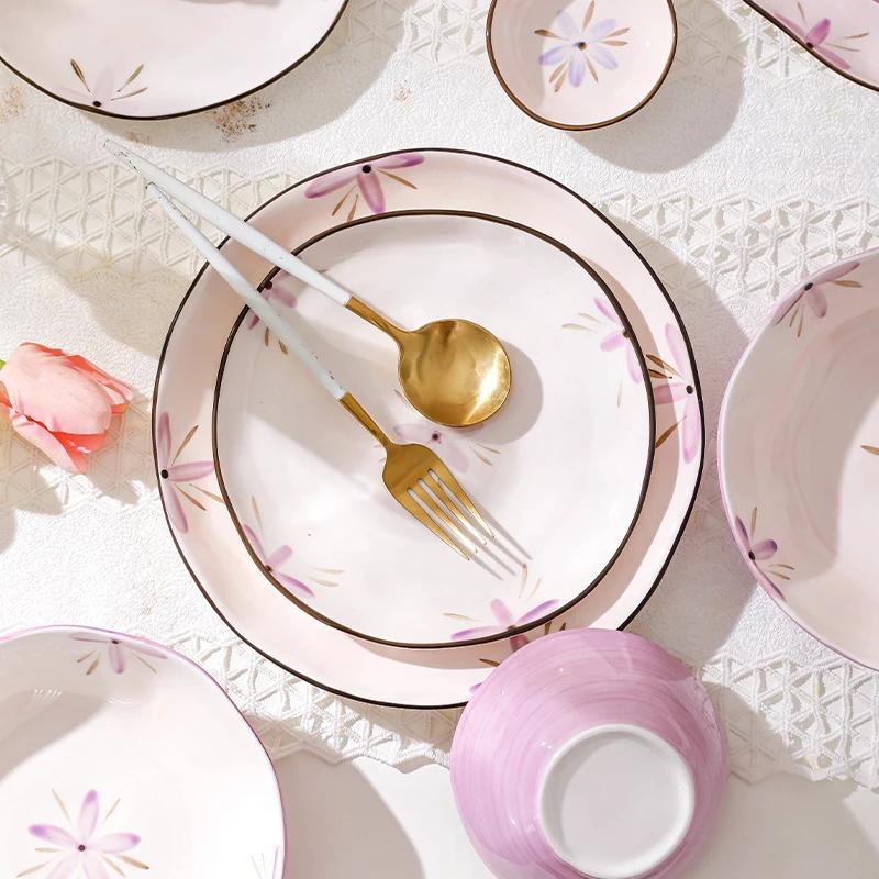 Romantyczne Fioletowe Ceramiczne Talerze Lekki Luksus Restauracja Talerz na Owoce i Sałatkę Domowa Kuchnia Talerz do Pasty Wykwintne Miseczki do Ryżu