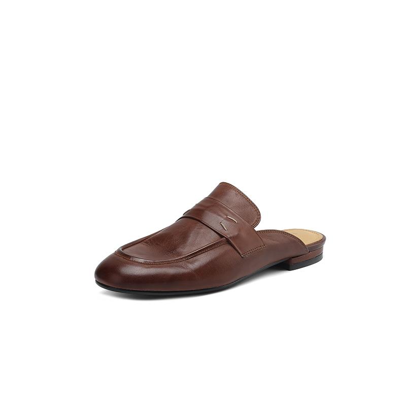 Fashion NEW Summer Women Mules Genuine Leather Shoes for Women Round Toe Low Heel Shoes Cover Toe Slip-on Women Sandals Retro Slippers