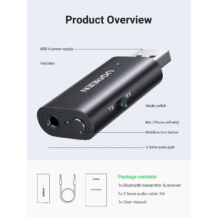UGREEN 2 in 1 Bluetooth Car Adapter Bluetooth 5.1 Stereo Transmitter Receiver Wireless 3.5mm Aux Jack Adapter Car Kit Mic
