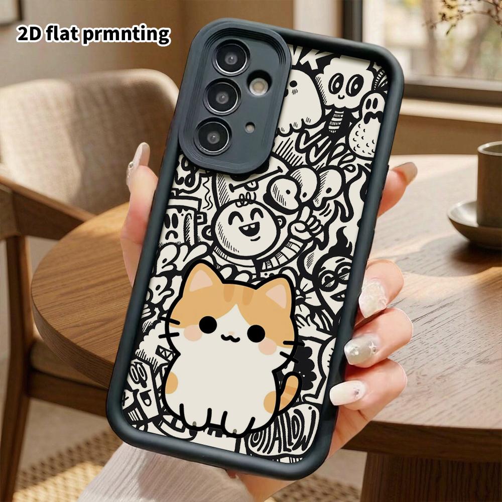 Phone Case: 2D Flat Samsung Galaxy A34 A35 M05 M06 S20 S22 S21 FE Plus 5G Protective Case, Orange and White Kitty, Christmas and Halloween Gift