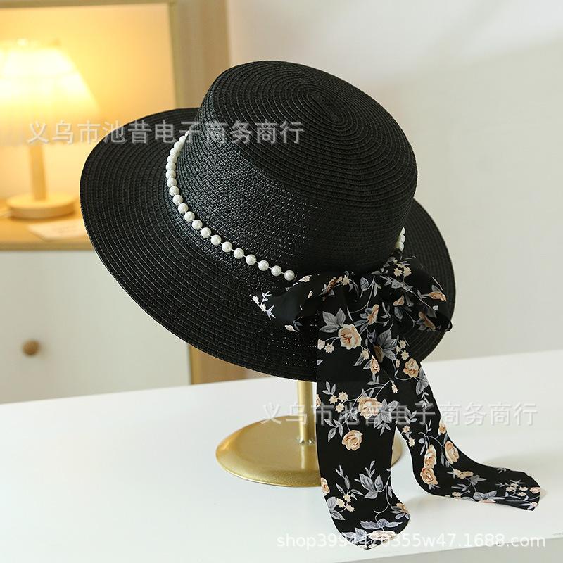 Summer printing streamer straw hat sun hat versatile bow fashionable new women's eaves sunscreen