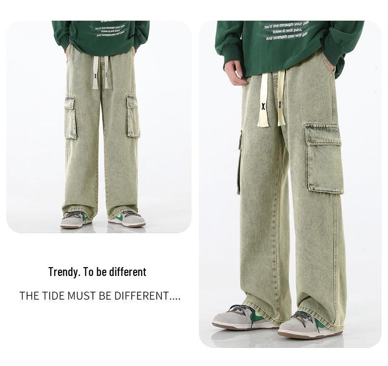 Men's Retro Wide-Leg Multi-Pocket Jeans - Spring/Fall Casual Workwear Pants