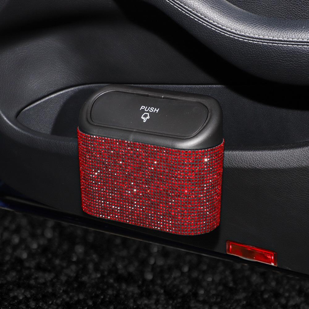Diamond Crystal Car Trash Bin Hanging Vehicle Garbage Dust Case Storage Box Pressing Type Trash Can Auto Bling Accessories