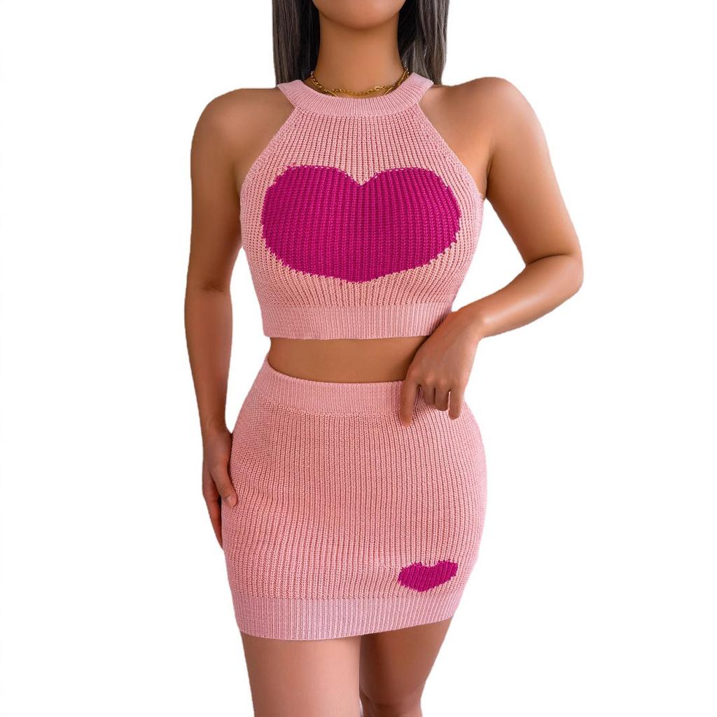 Women Heart Pattern Knit Two Piece Outfit Crop Top And Bodycon Mini Skirt Set